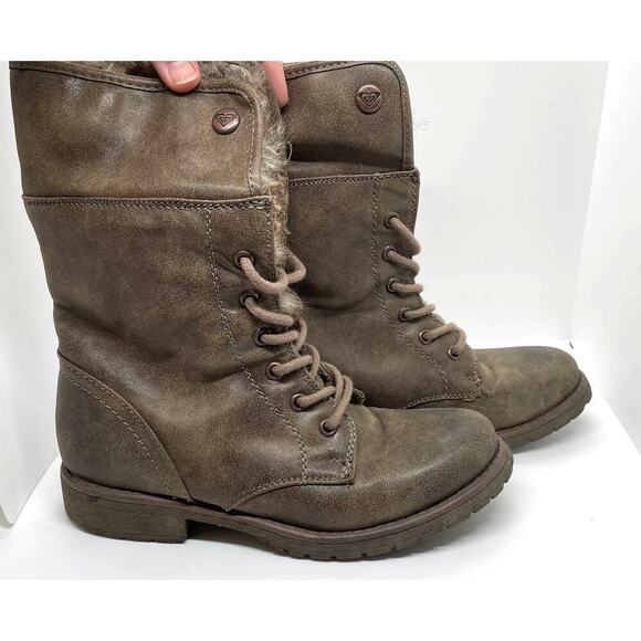 Roxy Faux Fur Trimmed Lace Up Dark Gray Brown Moto Boots Vintage 1990 Size 7 NEW - Picture 1 of 9